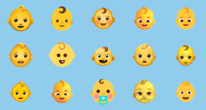 A collection of baby emojis displaying various facial expressions.
