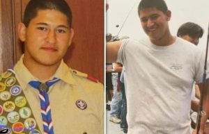 Two photos featuring a boy scout and a man in uniform, potentially Edwin Castro, a Scout Boy